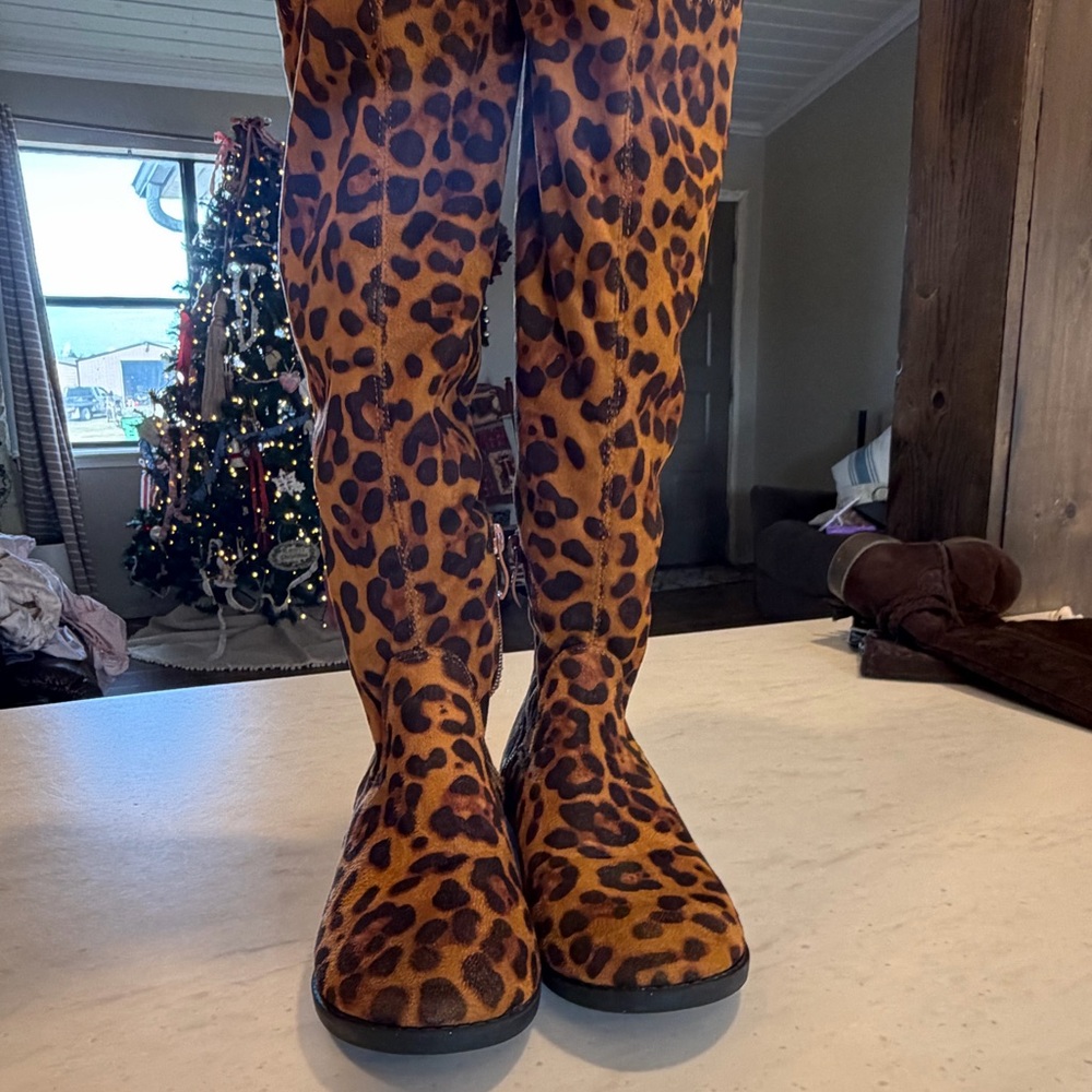 Girls Faux Suede Leopard Print Knee-High Boots